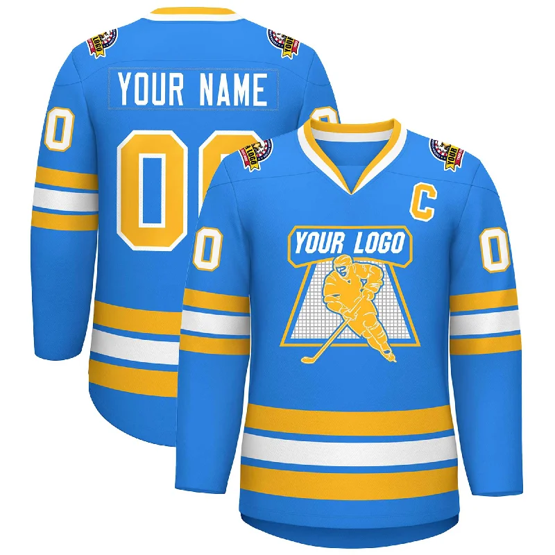 Custom Powder Blue Gold-White Classic Style Hockey Jersey