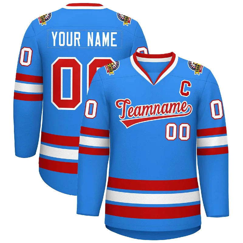 Custom Powder Blue Red-White Classic Style Hockey Jersey