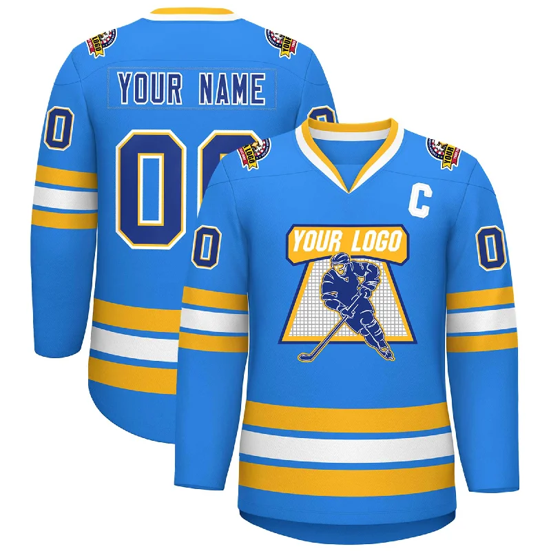 Custom Powder Blue Royal Gold-White Classic Style Hockey Jersey