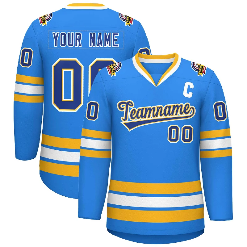 Custom Powder Blue Royal Gold-White Classic Style Hockey Jersey