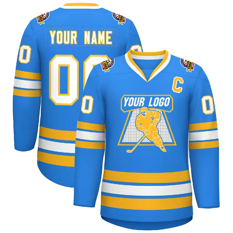 Custom Powder Blue White-Gold Classic Style Hockey Jersey