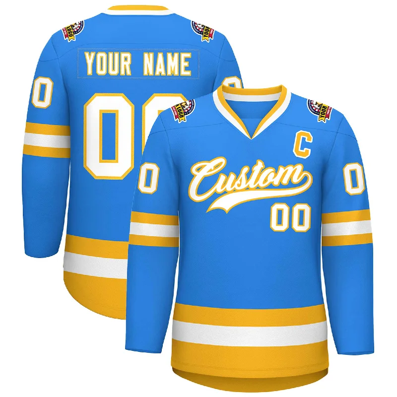 Custom Powder Blue White-Gold Classic Style Hockey Jersey