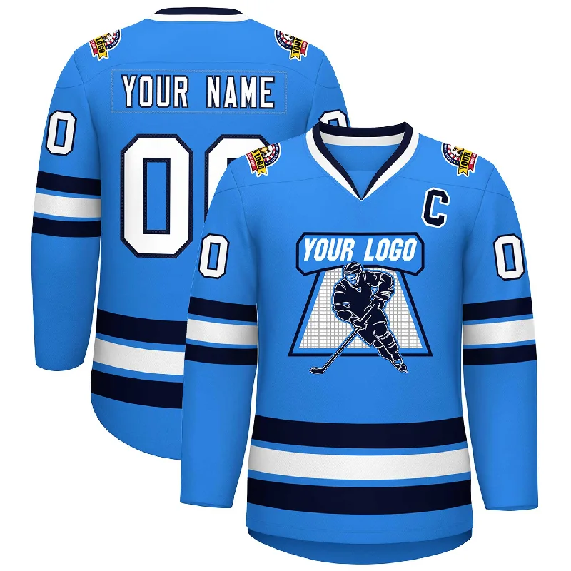 Custom Powder Blue White-Navy Classic Style Hockey Jersey