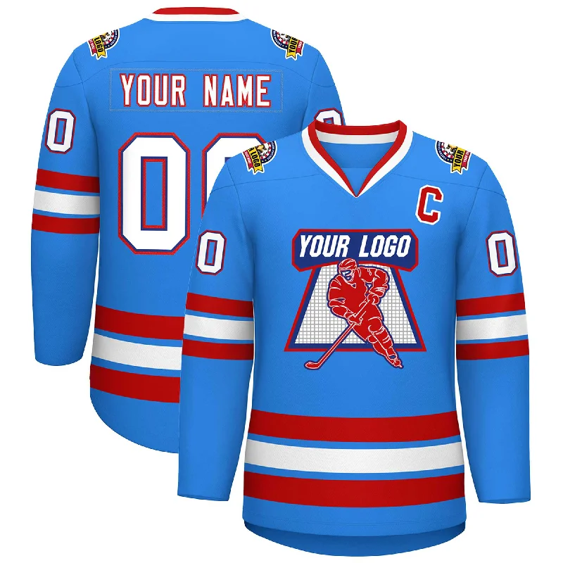 Custom Powder Blue White Royal-Red Classic Style Hockey Jersey