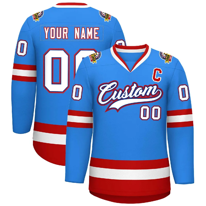 Custom Powder Blue White Royal-Red Classic Style Hockey Jersey