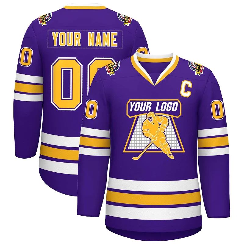 Custom Purple Gold Purple-White Classic Style Hockey Jersey