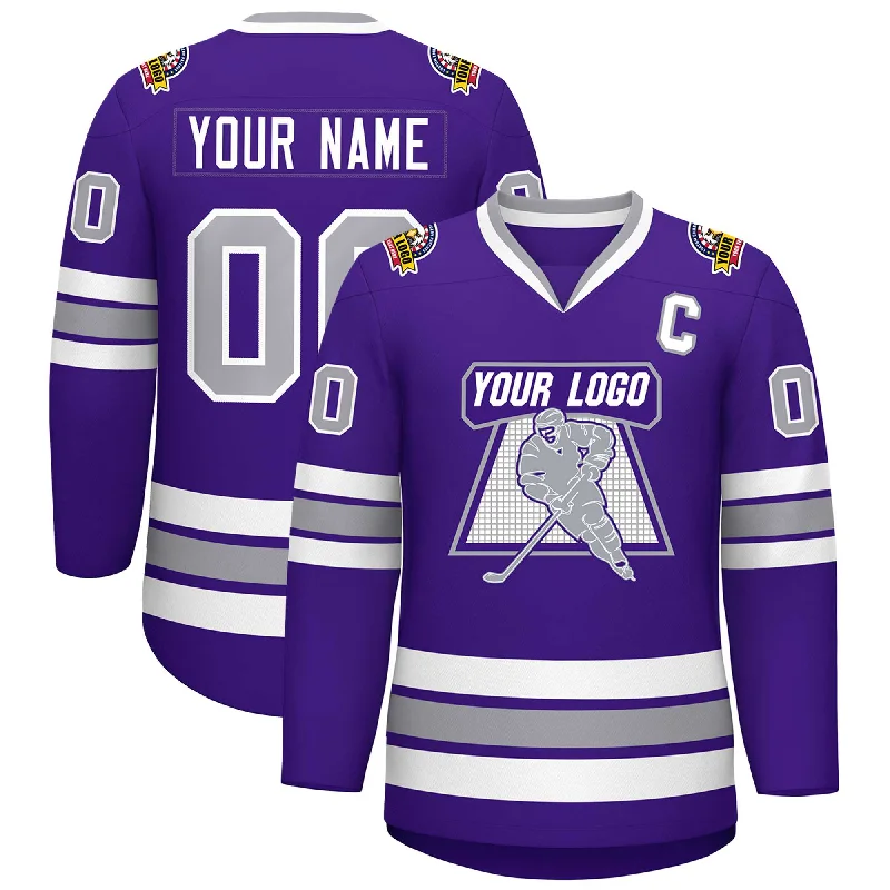 Custom Purple Gray-White Classic Style Hockey Jersey