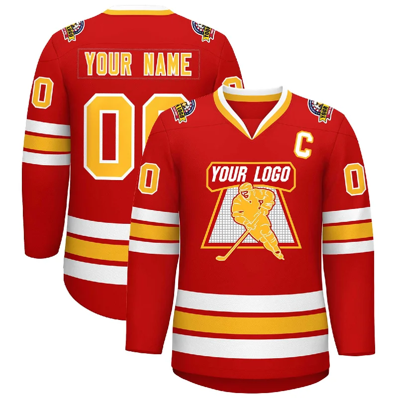 Custom Red Gold-White Classic Style Hockey Jersey