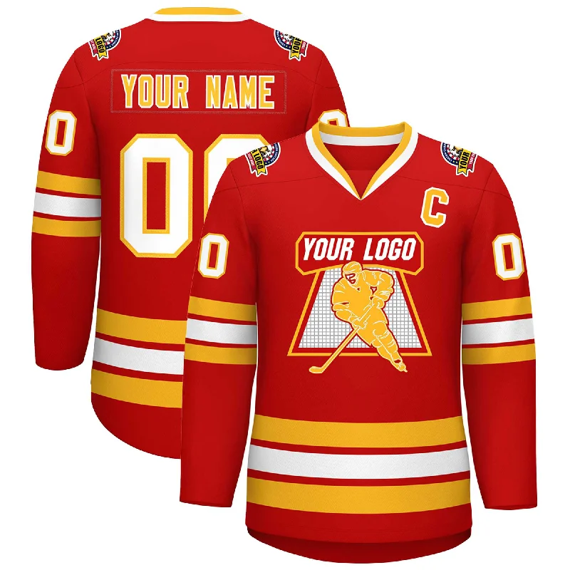 Custom Red Gold-White Classic Style Hockey Jersey