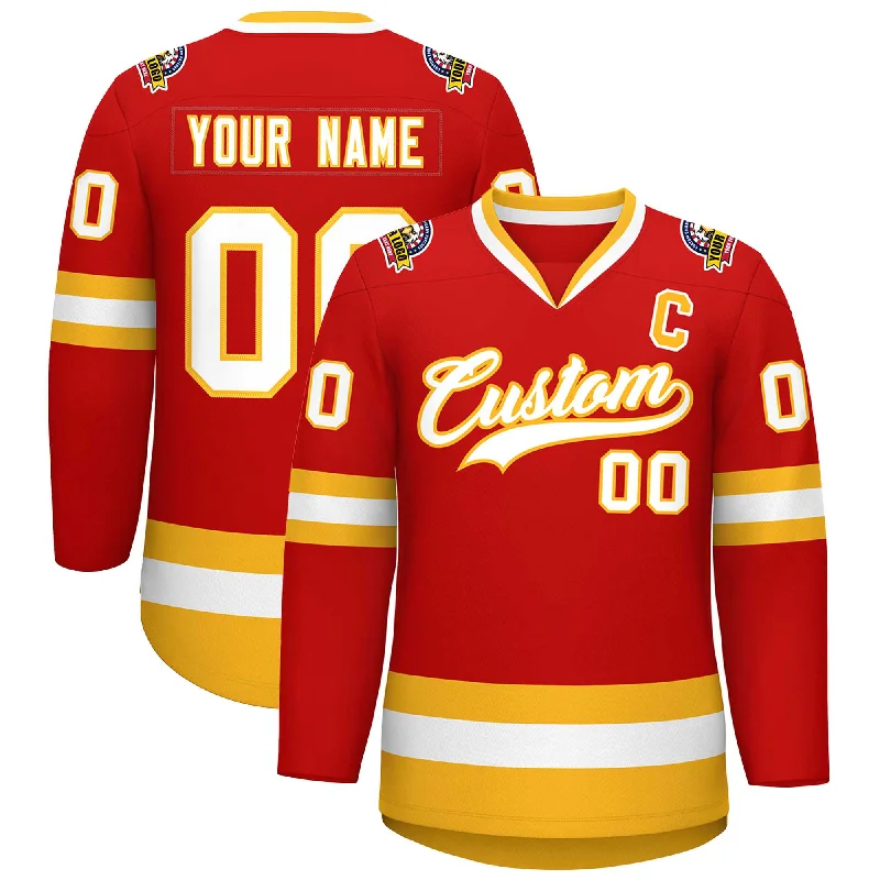 Custom Red White-Gold Classic Style Hockey Jersey