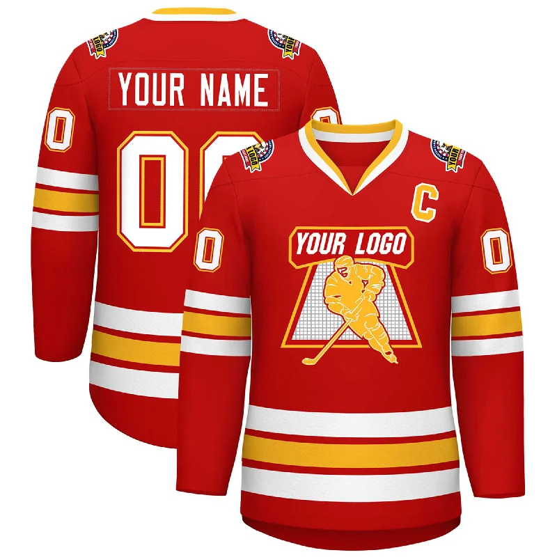 Custom Red White Red-Gold Classic Style Hockey Jersey