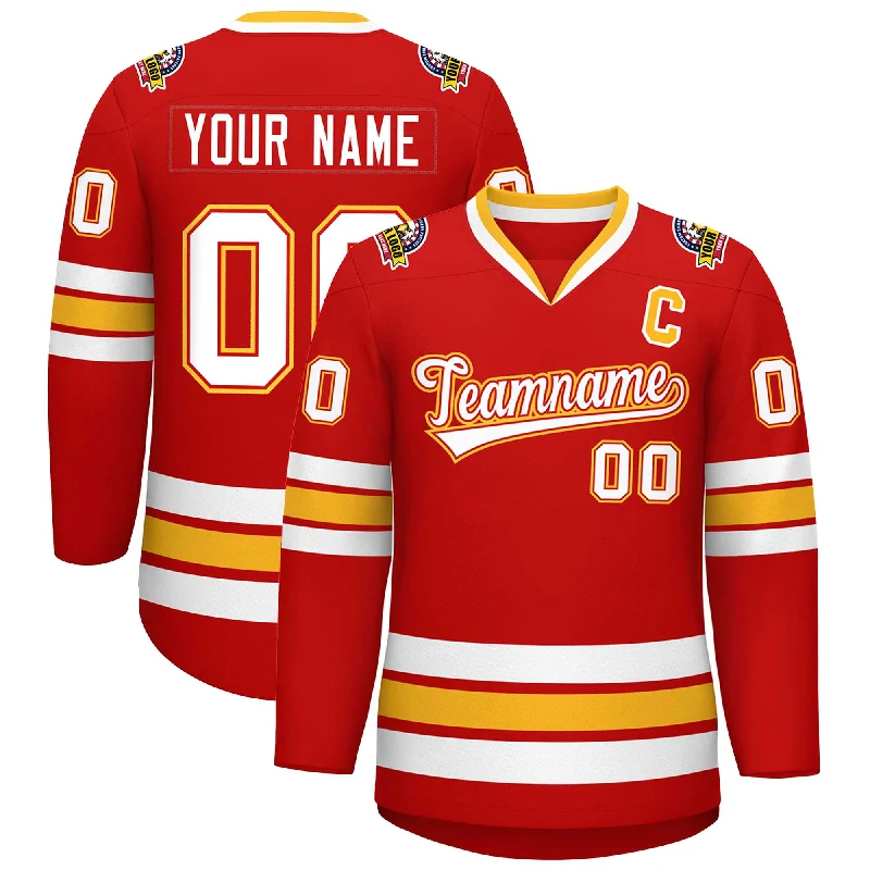 Custom Red White Red-Gold Classic Style Hockey Jersey