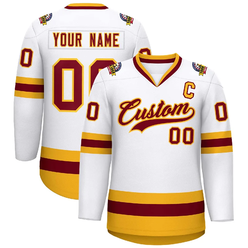 Custom White Crimson-Gold Classic Style Hockey Jersey