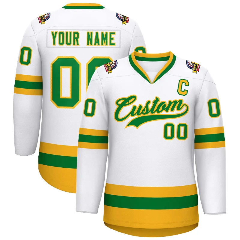 Custom White Kelly Green-Gold Classic Style Hockey Jersey