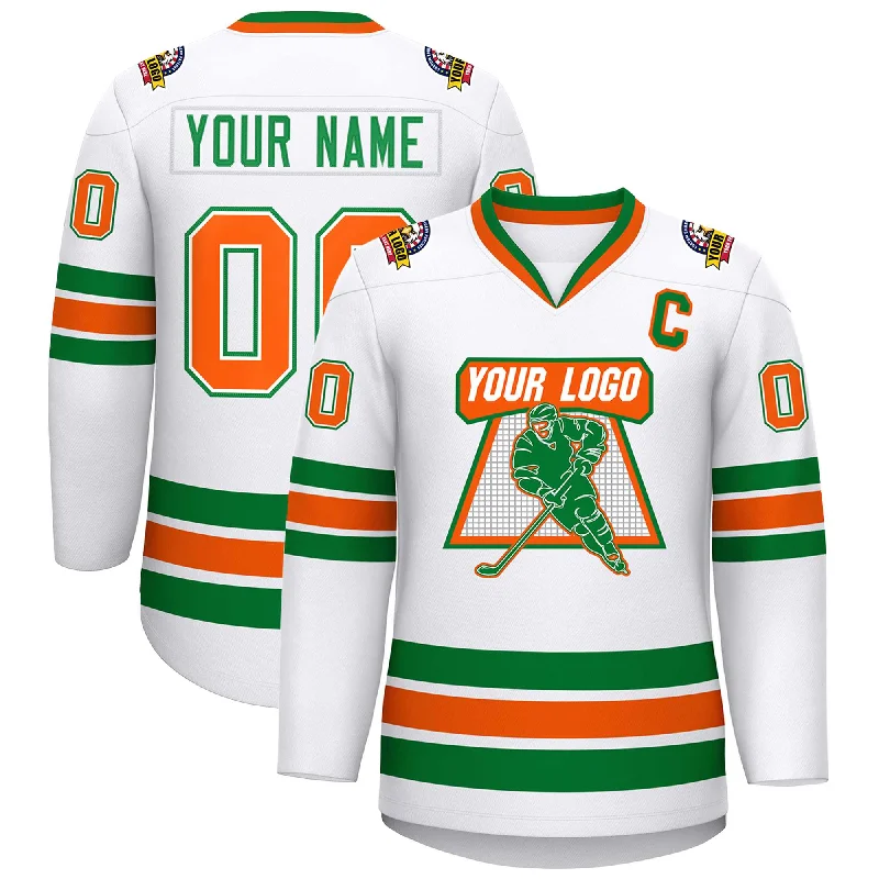 Custom White Kelly Green White-Orange Classic Style Hockey Jersey