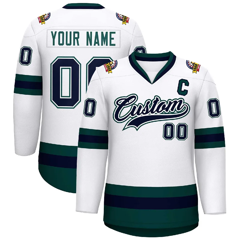 Custom White Navy White-Midnight Green Classic Style Hockey Jersey